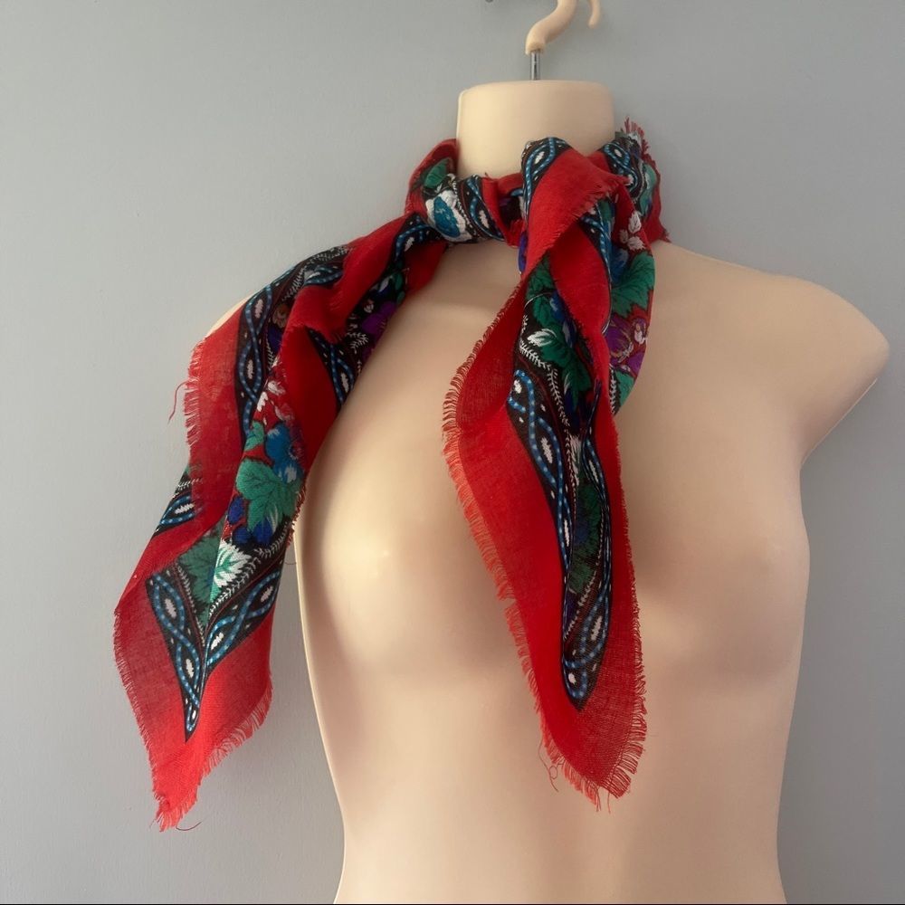 Vintage - Square Floral Scarf Red Green Purple Raw Hew